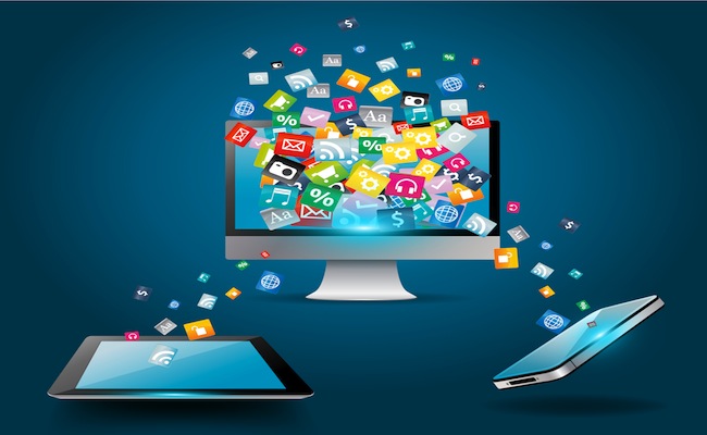 Vector creative computer with mobile phones cloud of colorful application icon