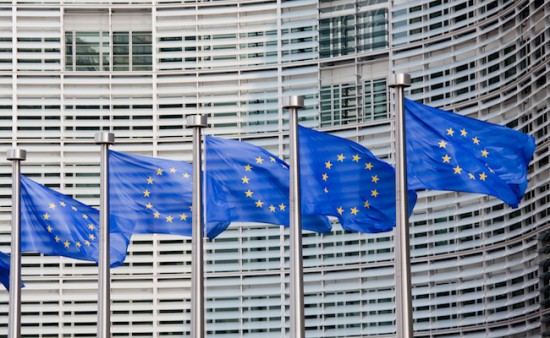 European flags in front of the Berlaymont building, headquarters of the European commission in Brussels.