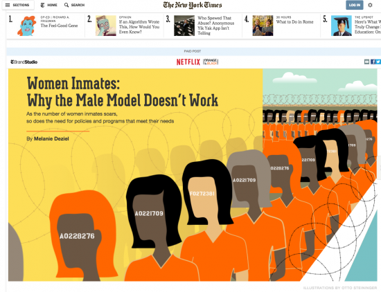 article natif du New York Times sur les prisons féminines aux Etats unis qui sponsorise la série Netflix "Orange is the new Black"